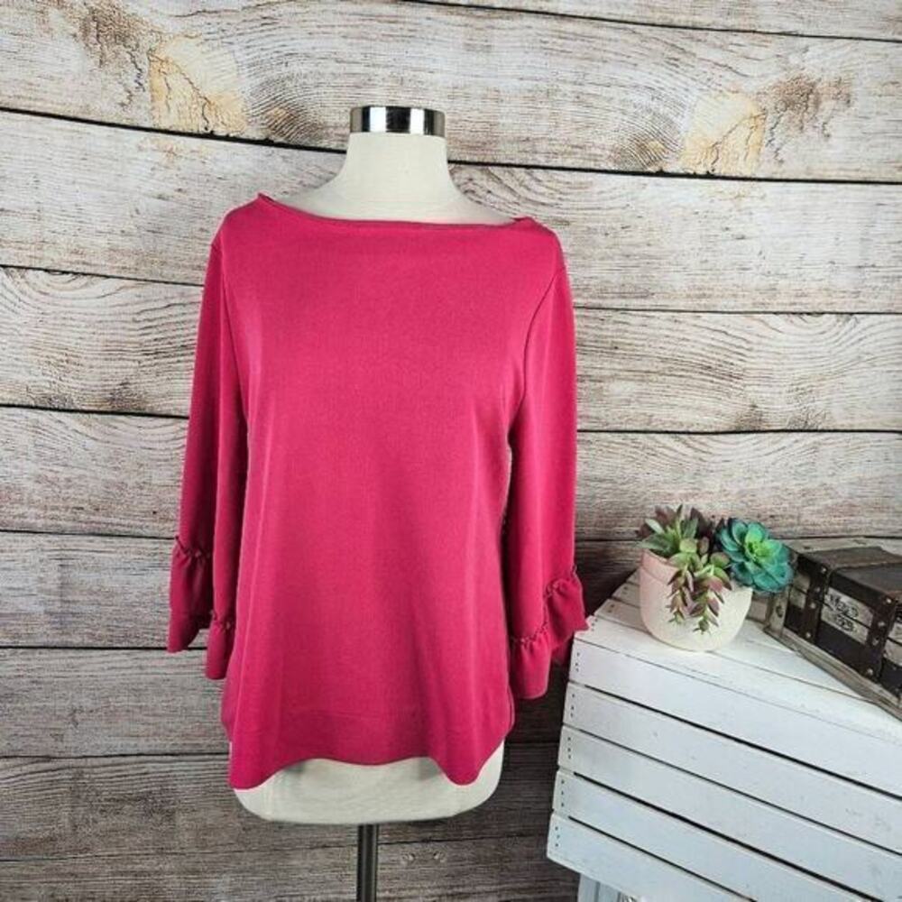 Talbots Crepe Three Quarter Ruffle Sleeve Bright‎ Pink Blouse Size Large
